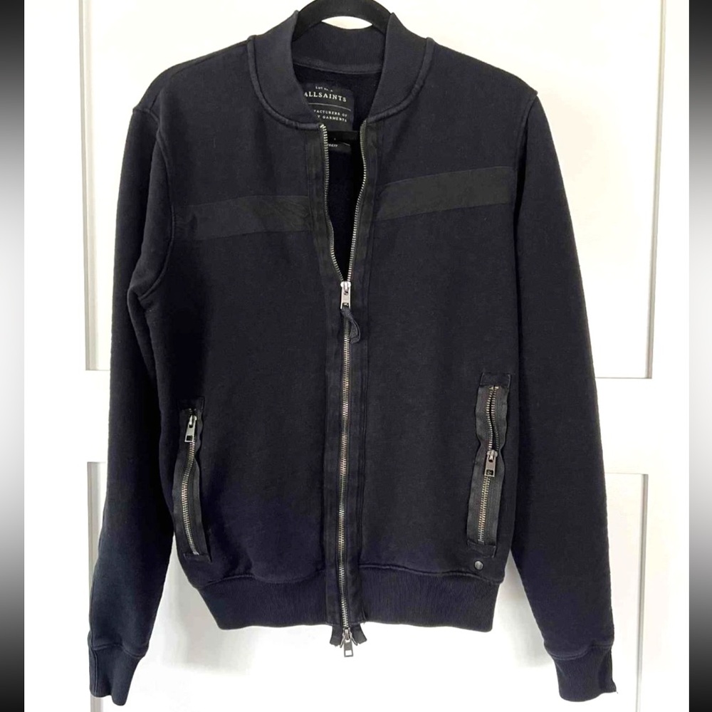 AllSaints Mens Yagmur Bomber Zip Jacket Sweatshirt Cotton Navy Blue Medium
